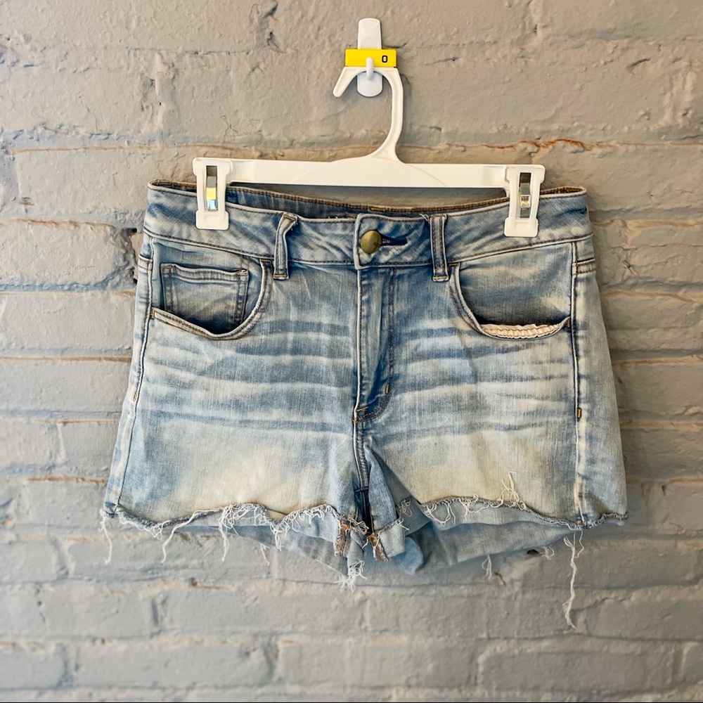 Light wash, ripped jean shorts